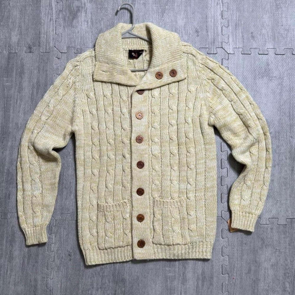 Vintage HiGear Cable Knit Shawl Collar Cardigan Sweater Men's L Color Oatmeal